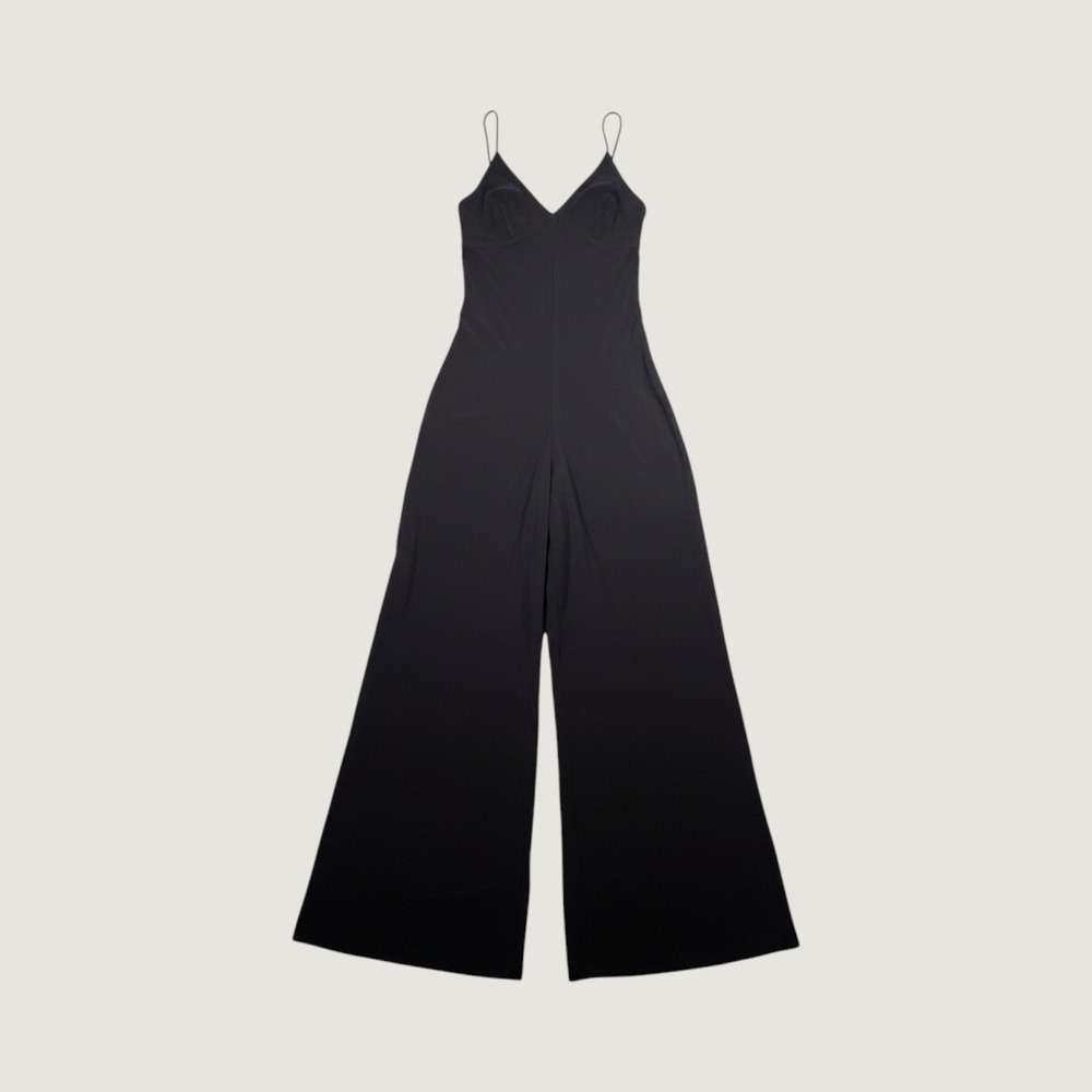 Norma Kamali Black Wide Leg V-Neck Spaghetti Strap Jumpsuit Small S/36